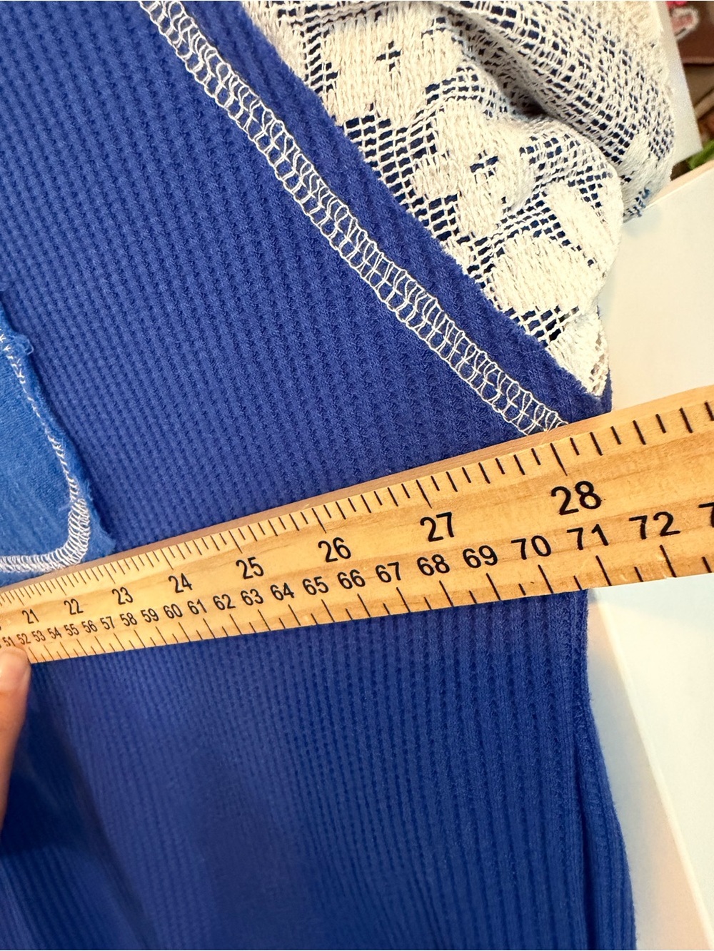 POL Royal Blue V-Neck Waffle Knit Top with Lace Sleeve Panels - Picture 6 of 7